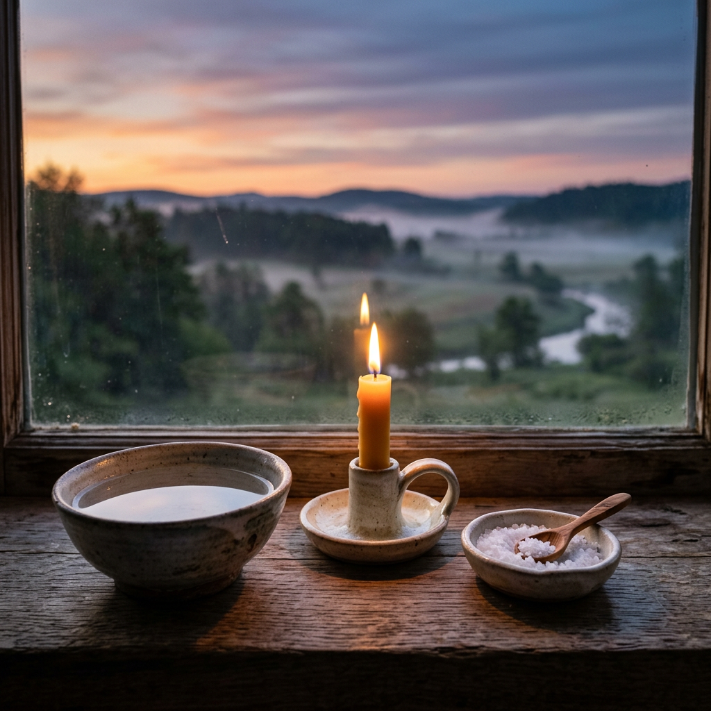 Candle burning between bowls of water and salt on a wooden windowsill with misty hills outside.